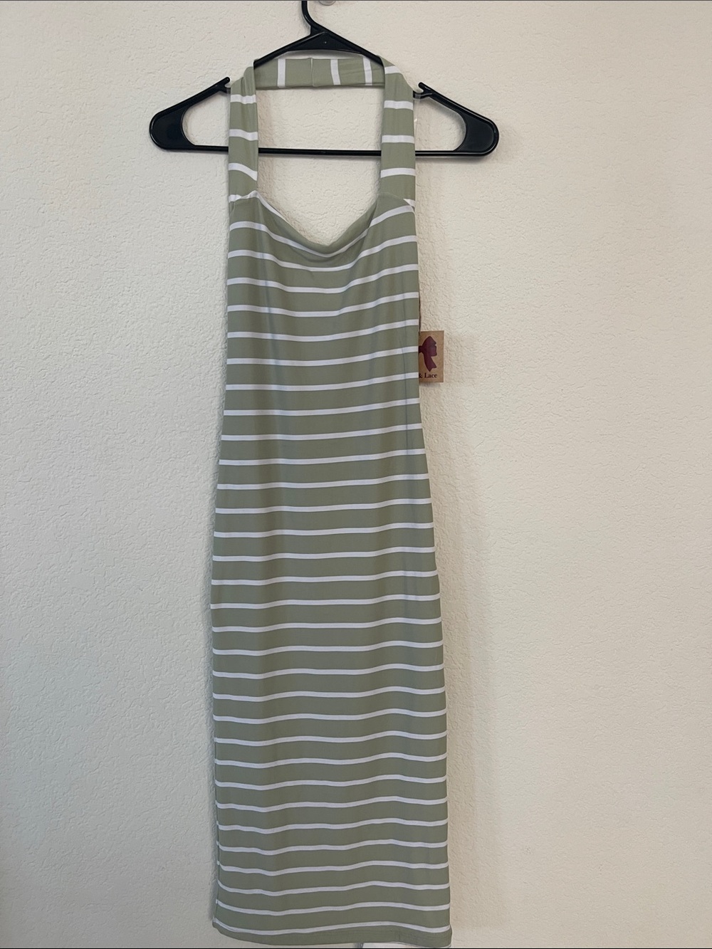 Striped Halter Midi Dress in Sage Green and White
